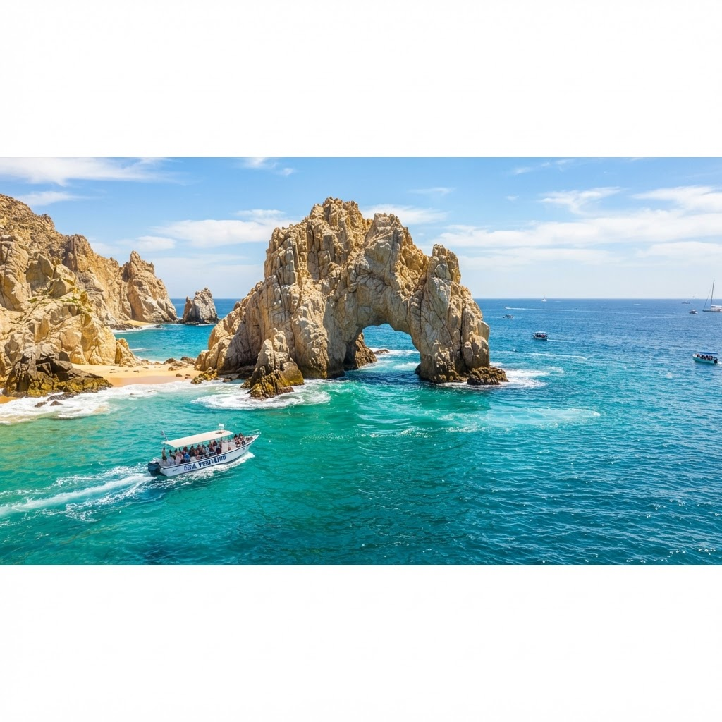 El Arco de Cabo San Lucas rock arch with a tour boat on turquoise water