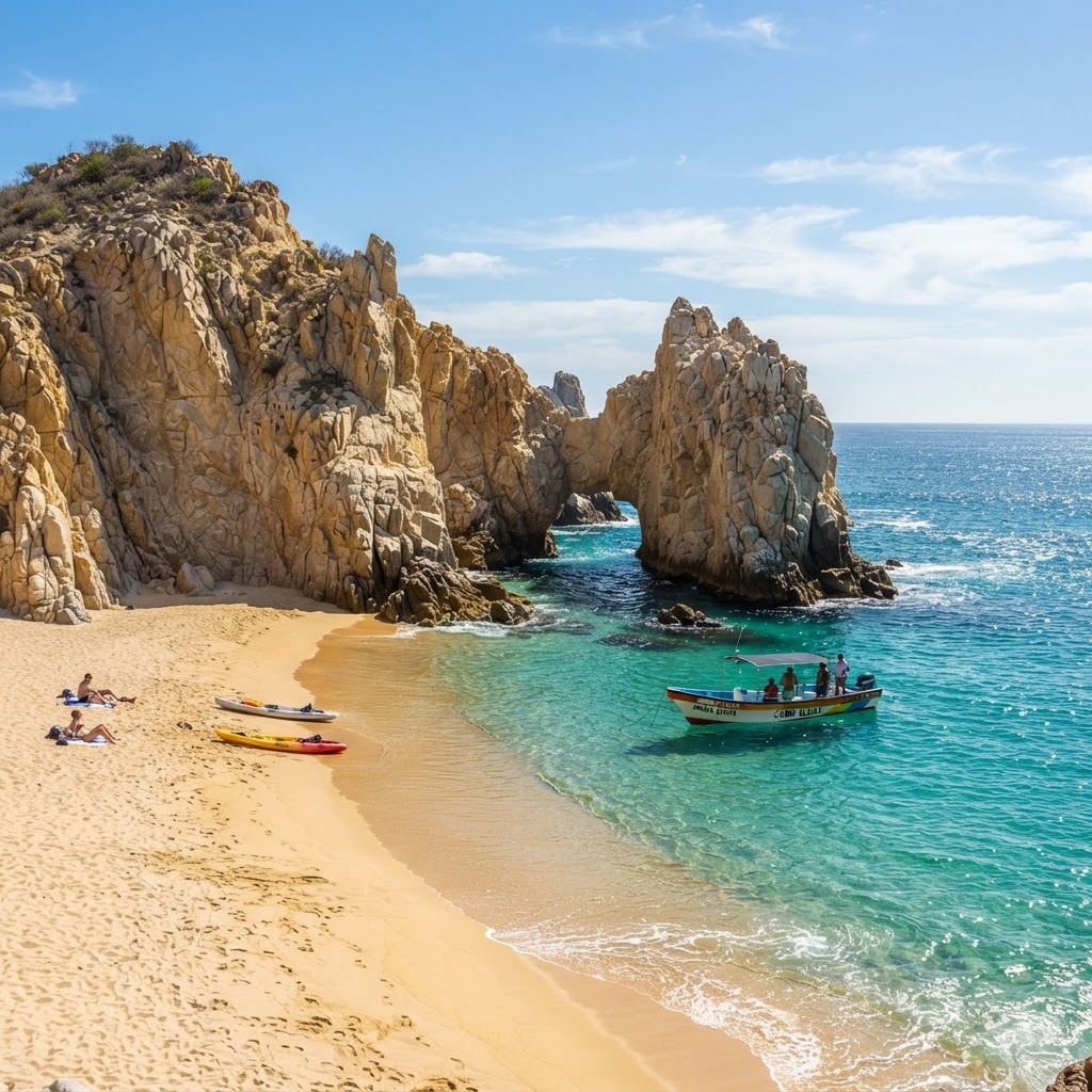 Lovers Beach cove between rock formations