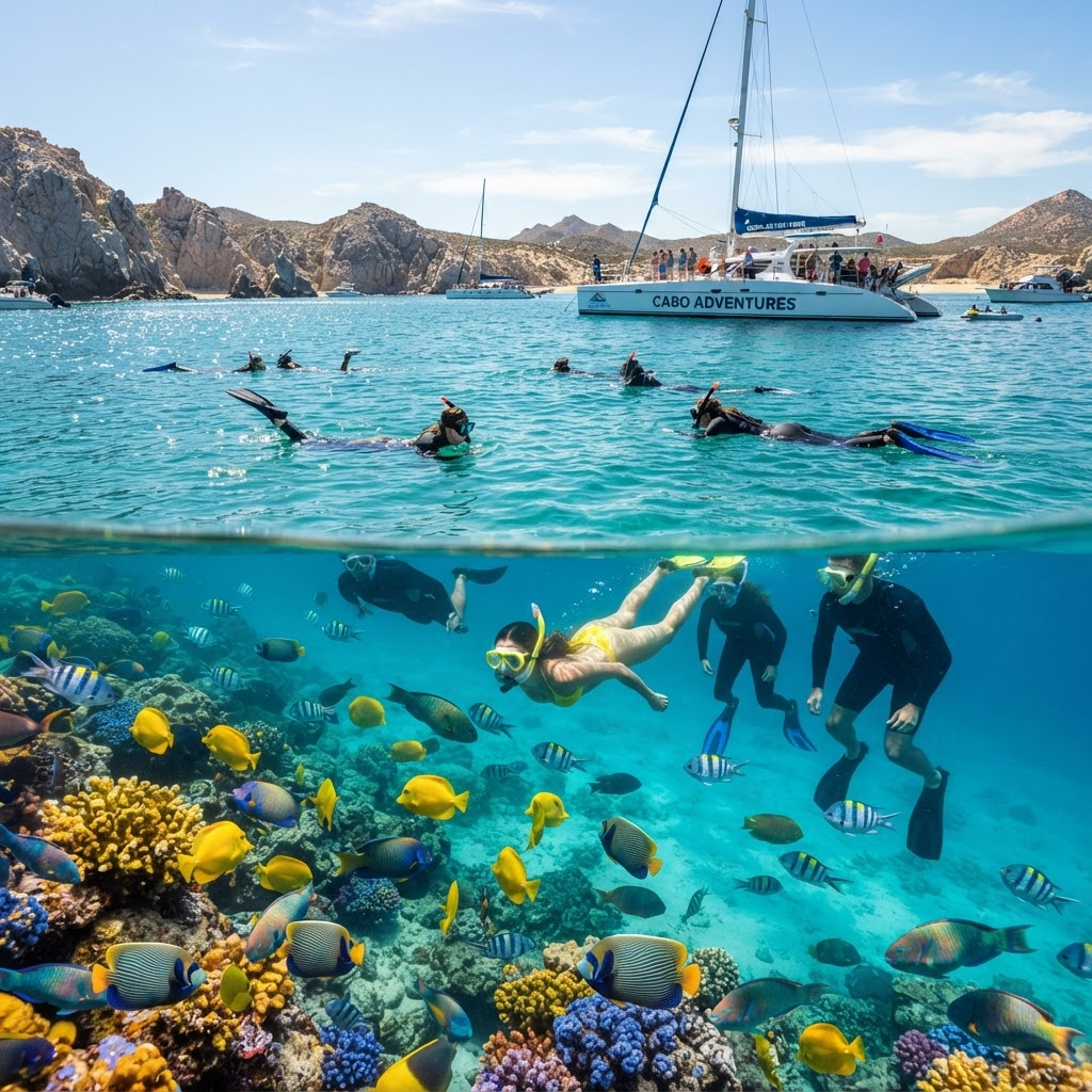 Snorkelers in a turquoise bay near Cabo