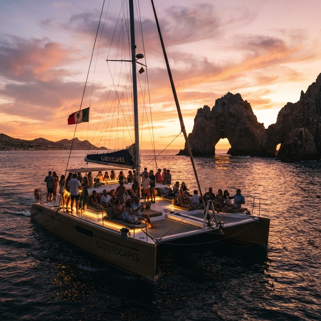 Sunset party cruise catamaran off Cabo San Lucas