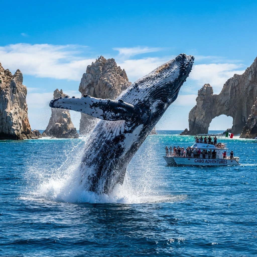 Humpback whale breaching near a boat
